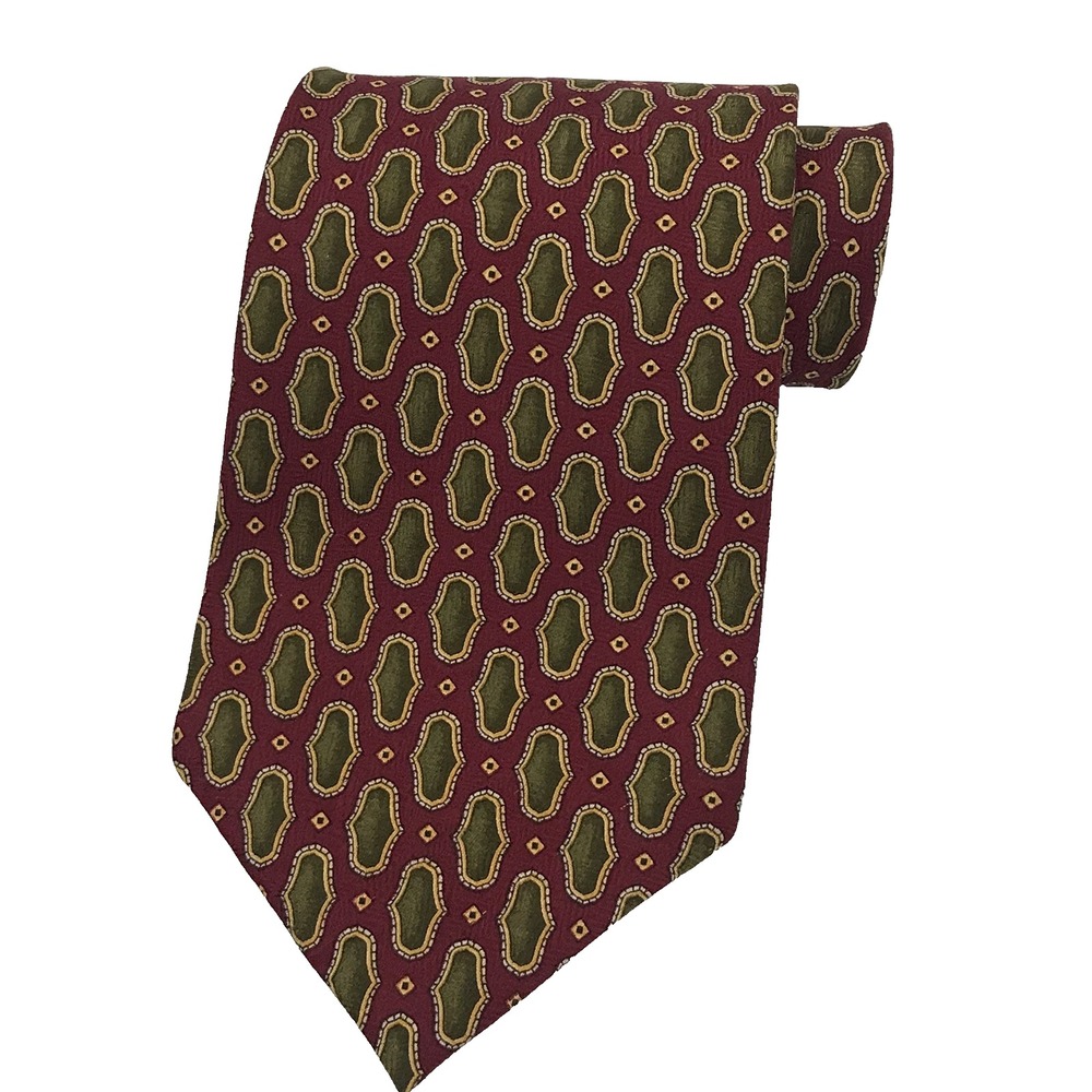 Vintage Mara By Countess Mara Tie All Silk Made In USA Burgundy Green Geometric